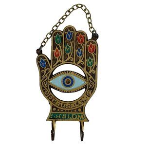 VTG Hamsa Hand Evil Eye Shalom Wall Brass Wall Hanging Enamel Brass Key Holder